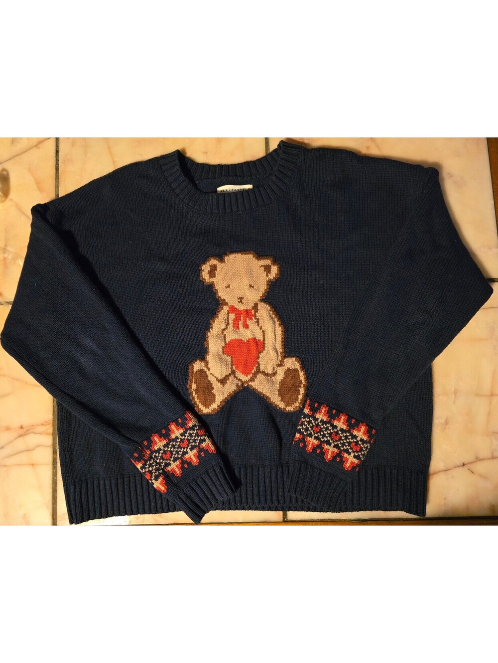 Aéropostale Teddy Bear Heart Knit Sweater - Navy Blue - Size XS